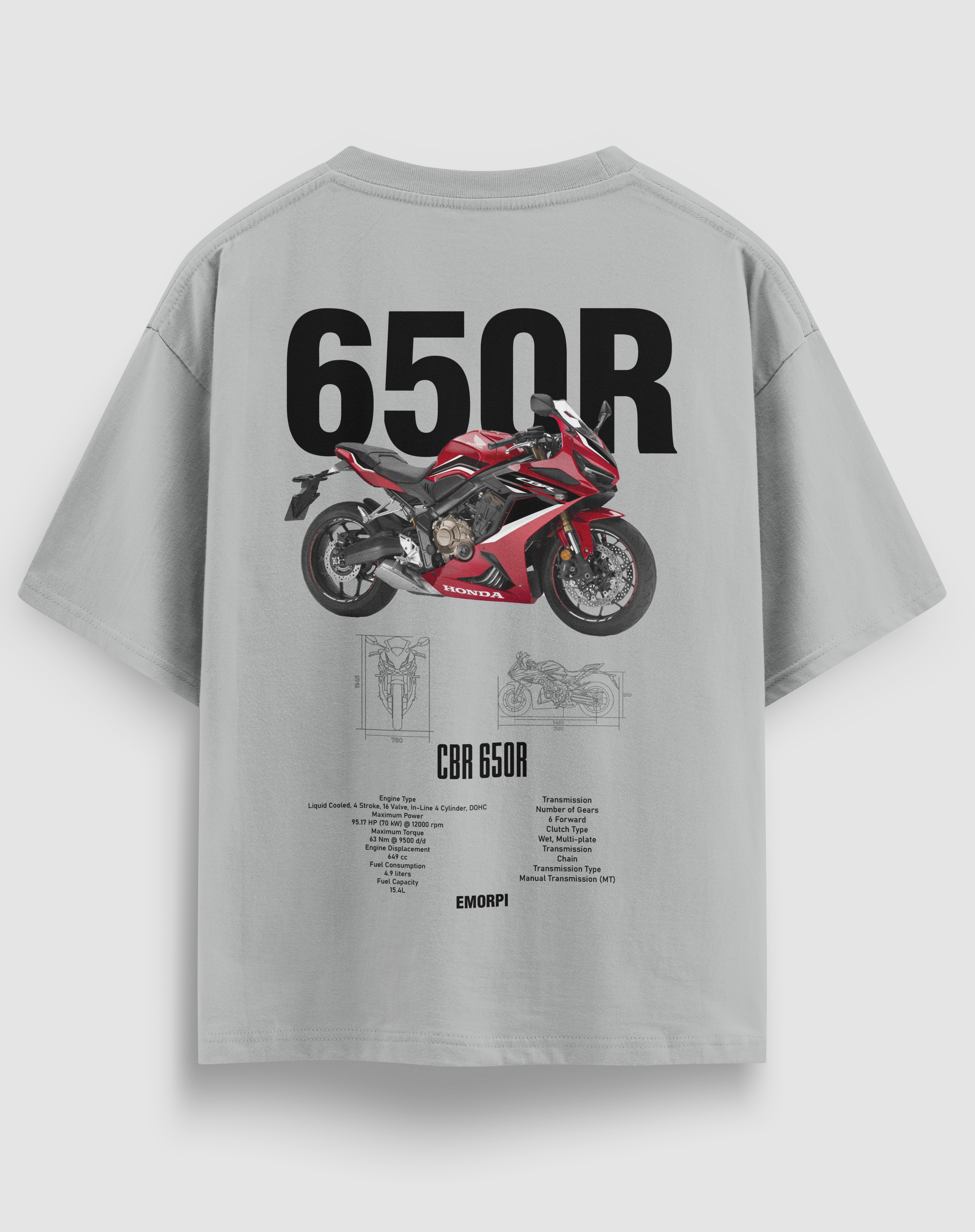 650R baskılı motorcu tişört, gri, arkadan görünüm. Honda CBR650R çizimli sırt baskısı